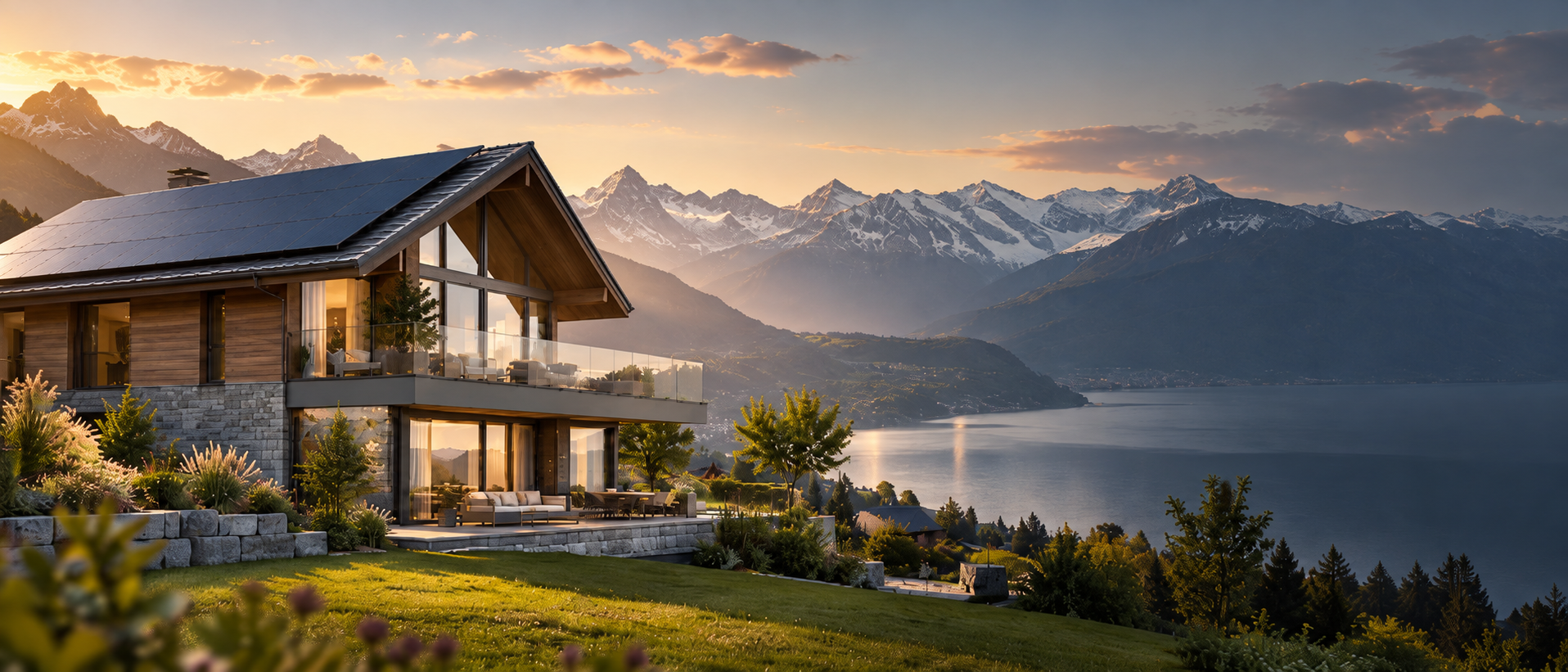 Maison rénovée avec panneaux solaires, face au lac et aux Alpes