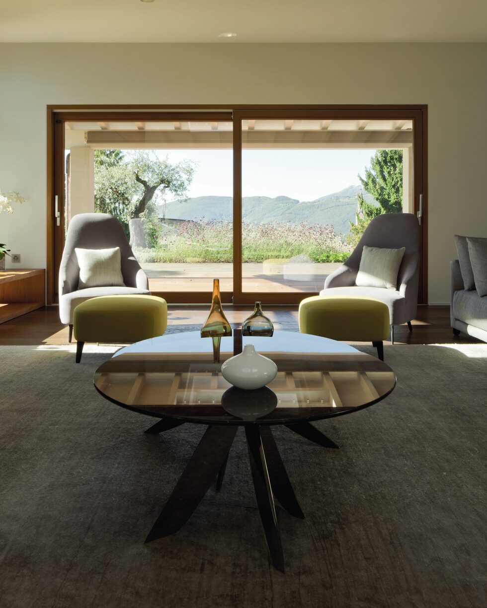 Grande baie en bois ouvrant un salon sur le jardin et les montagnes