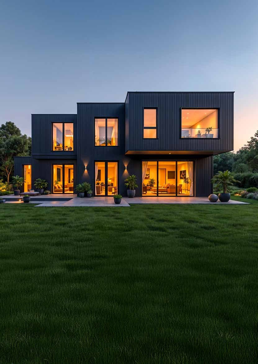 Maison contemporaine au crépuscule, fenêtres et baies vitrées éclairées